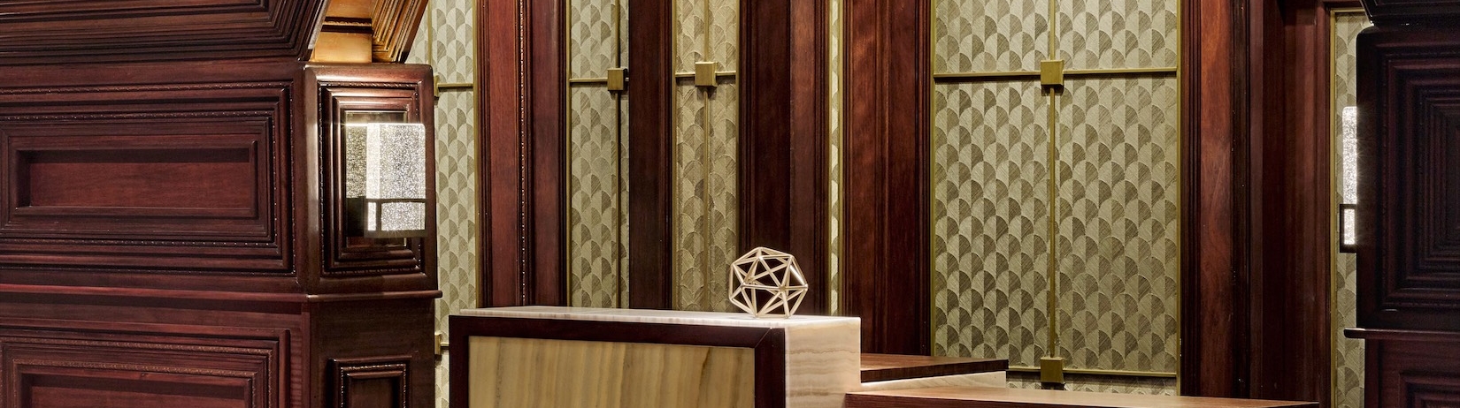 a small desk in the lobby