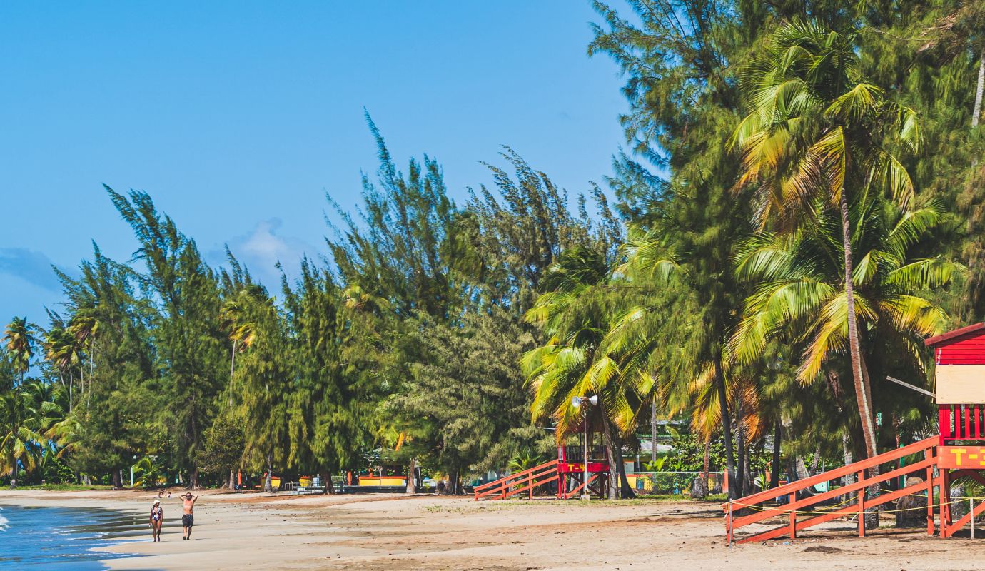 A Beach With Trees And A Red Structure