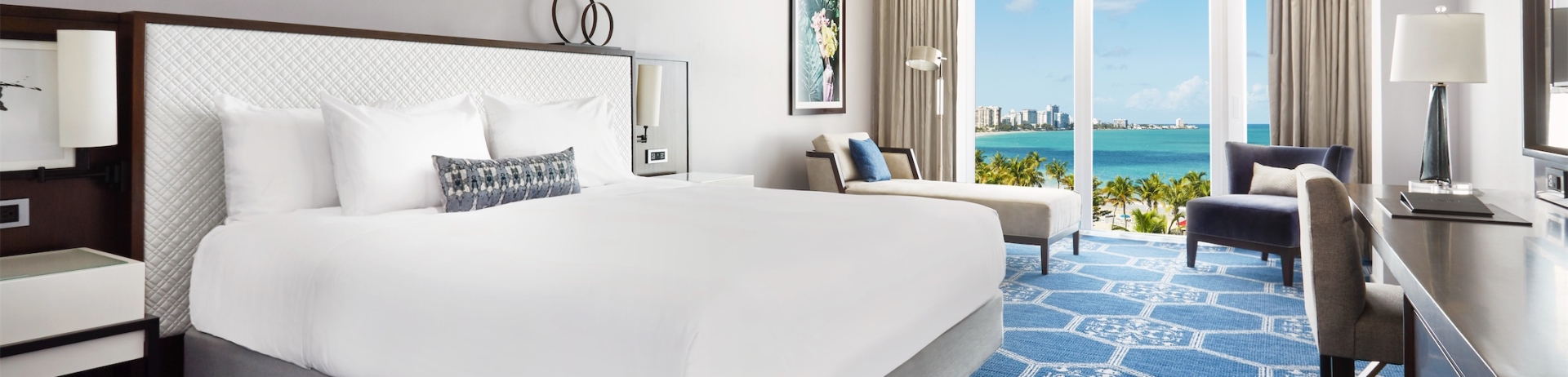 bedroom with a king bed and a window view of the ocean