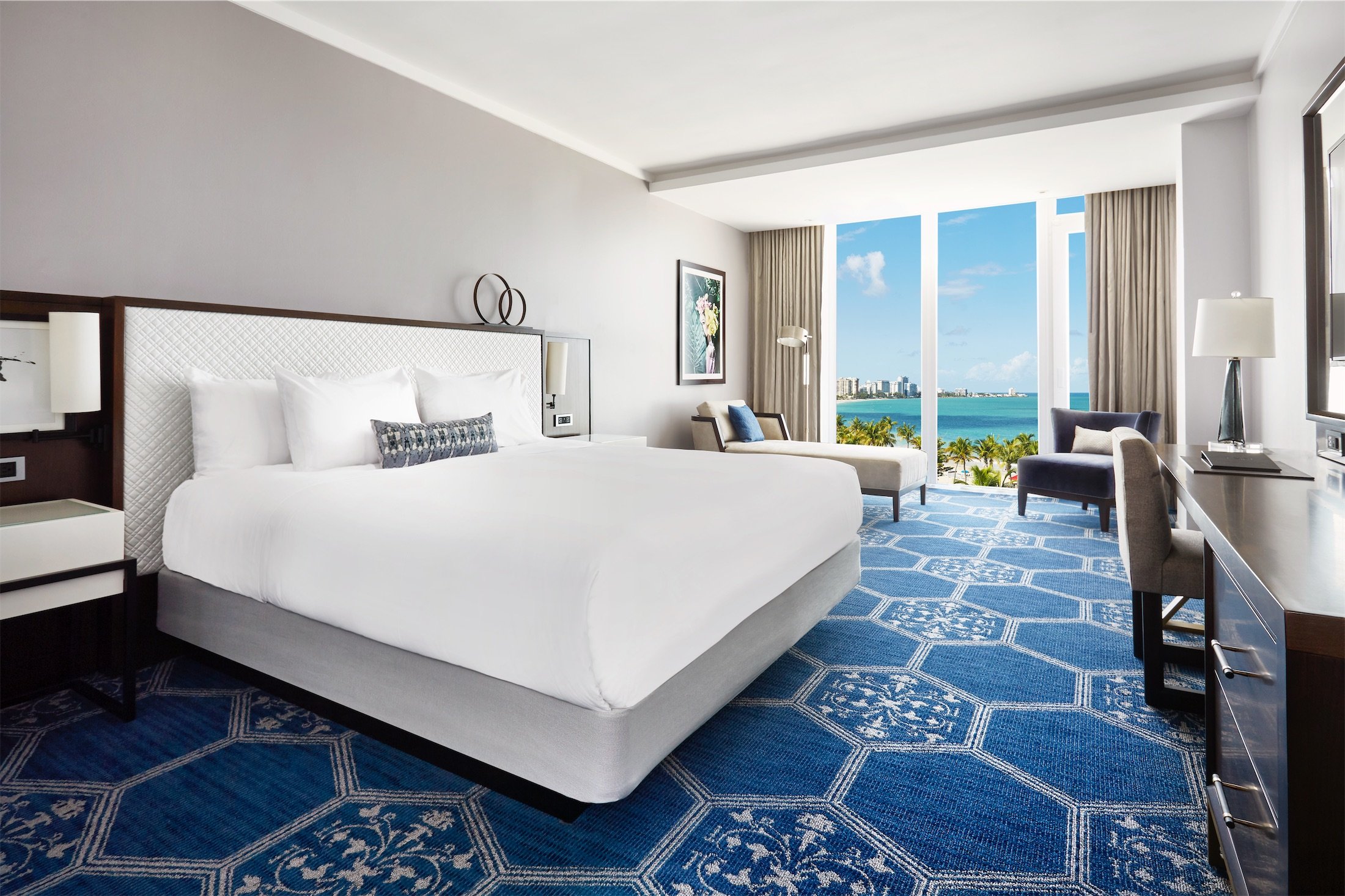 bedroom with a king bed and a window view of the ocean