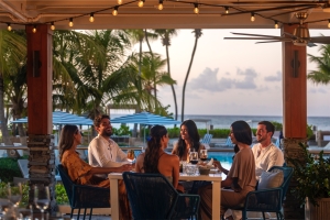 group of friends in an outdoor dining area