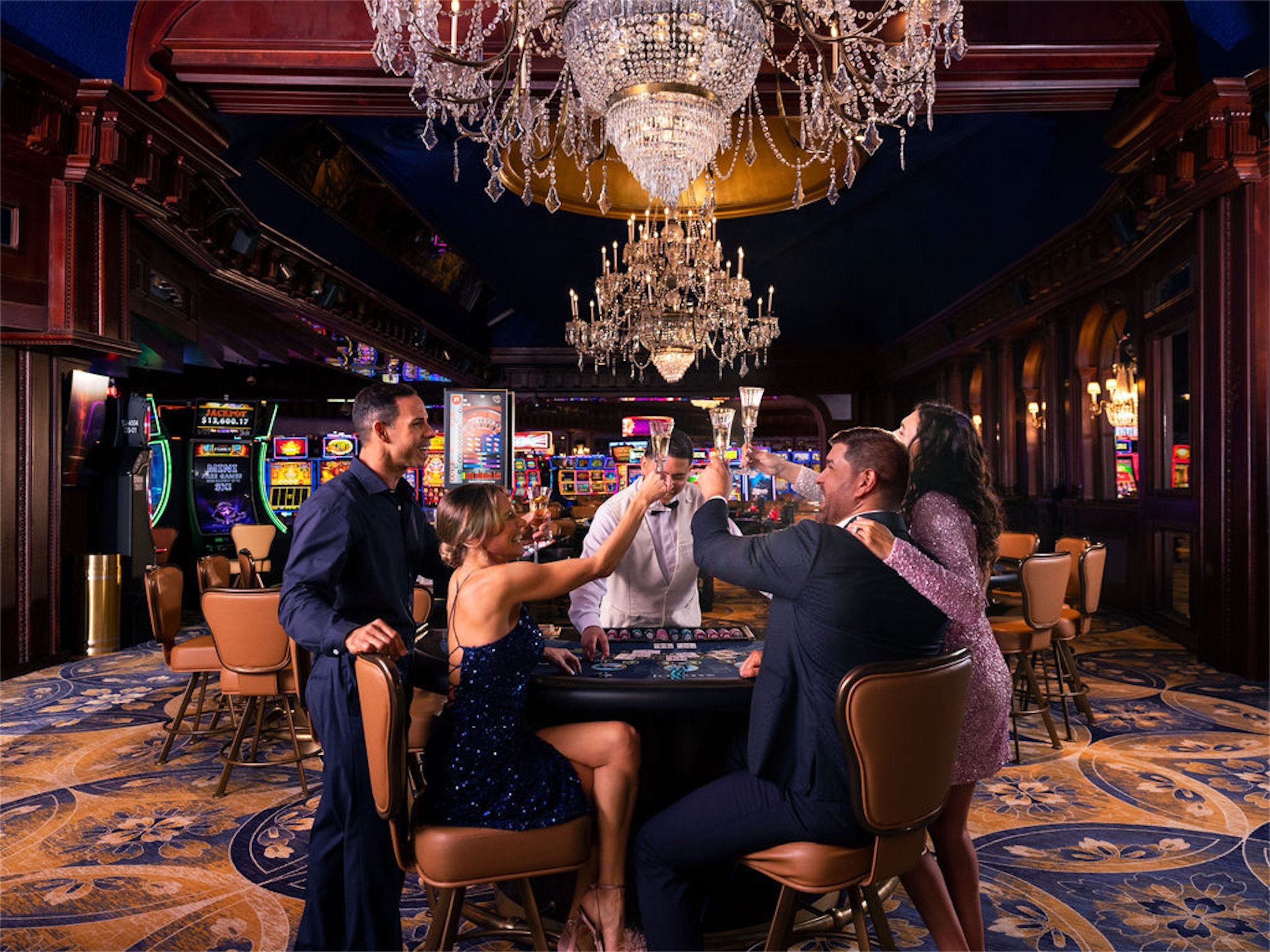 group of friends sharing drinks in a casino